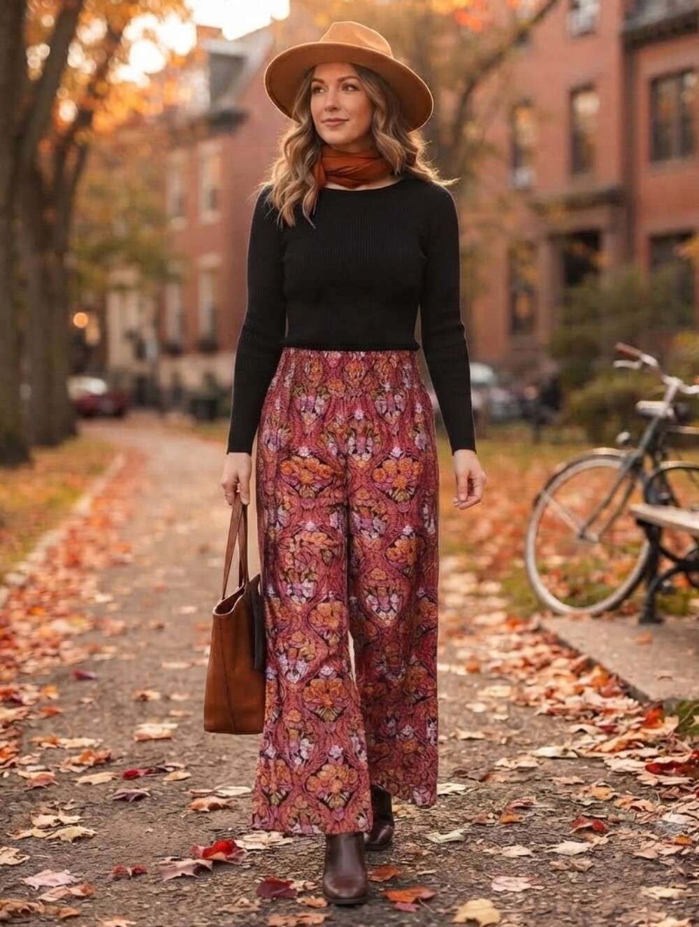 Zara Floral Wide-Leg Pants in Rust Multi